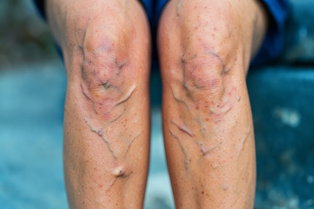 Pernas com veias varicosas visíveis sob a pele