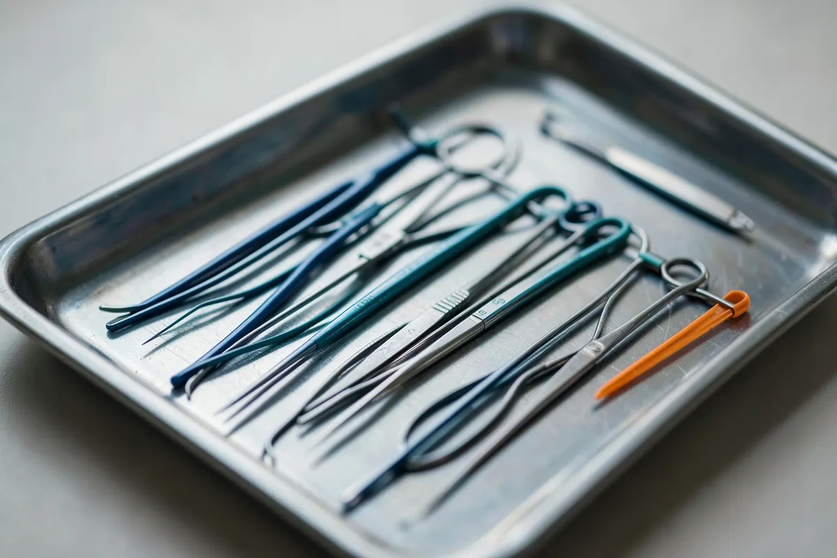 Equipamento médico cirúrgico em uma bandeja de metal