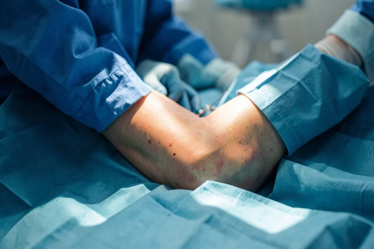 Pernas de paciente sendo preparadas para cirurgia de varizes