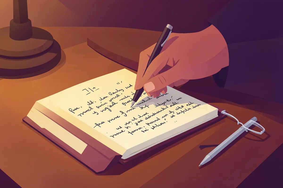 Pessoa escrevendo em um diário em uma mesa de madeira