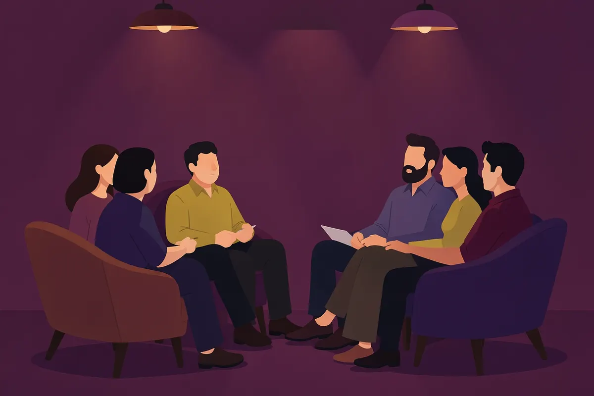 Grupo de pessoas sentadas em círculo conversando em um ambiente acolhedor