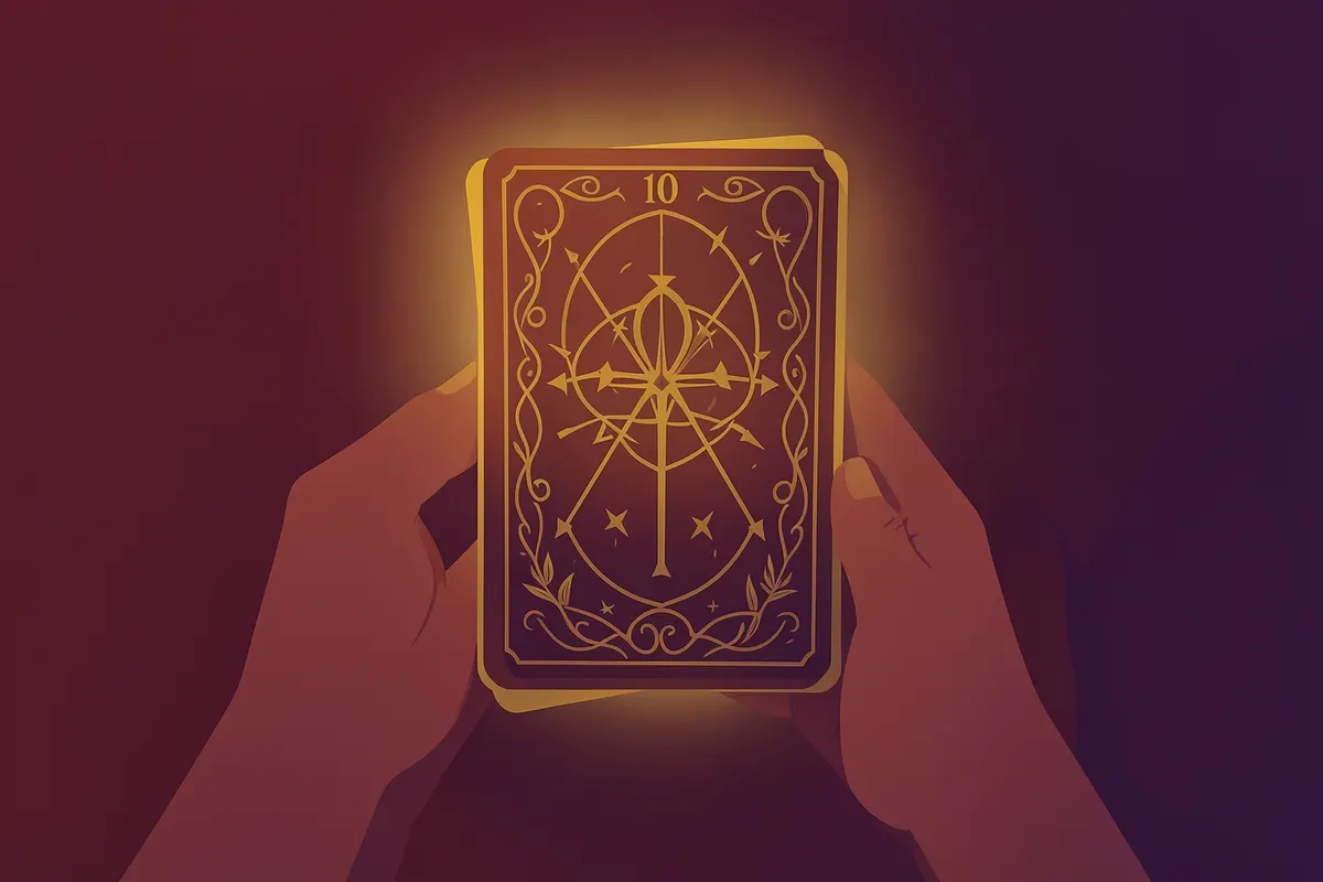 Mãos segurando um oráculo de cartas com símbolos místicos