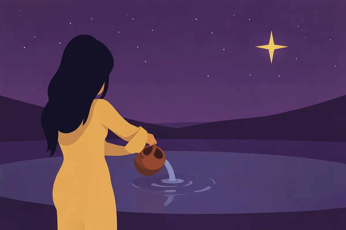 Mulher nua derramando água de um jarro para um lago sob uma estrela cadente