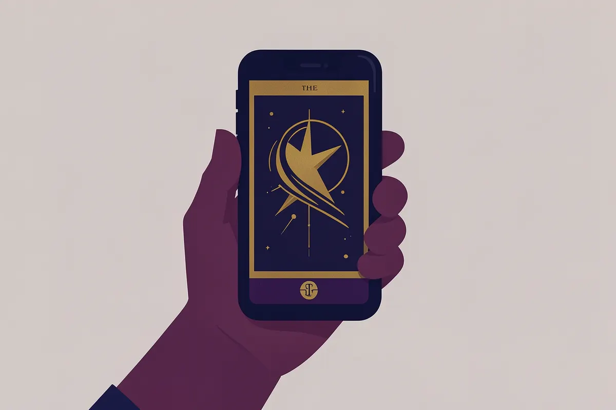 Mão segurando um celular exibindo a carta A Estrela do Tarot