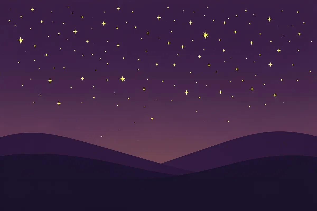 Pequenas estrelas caindo como chuva sobre uma paisagem noturna
