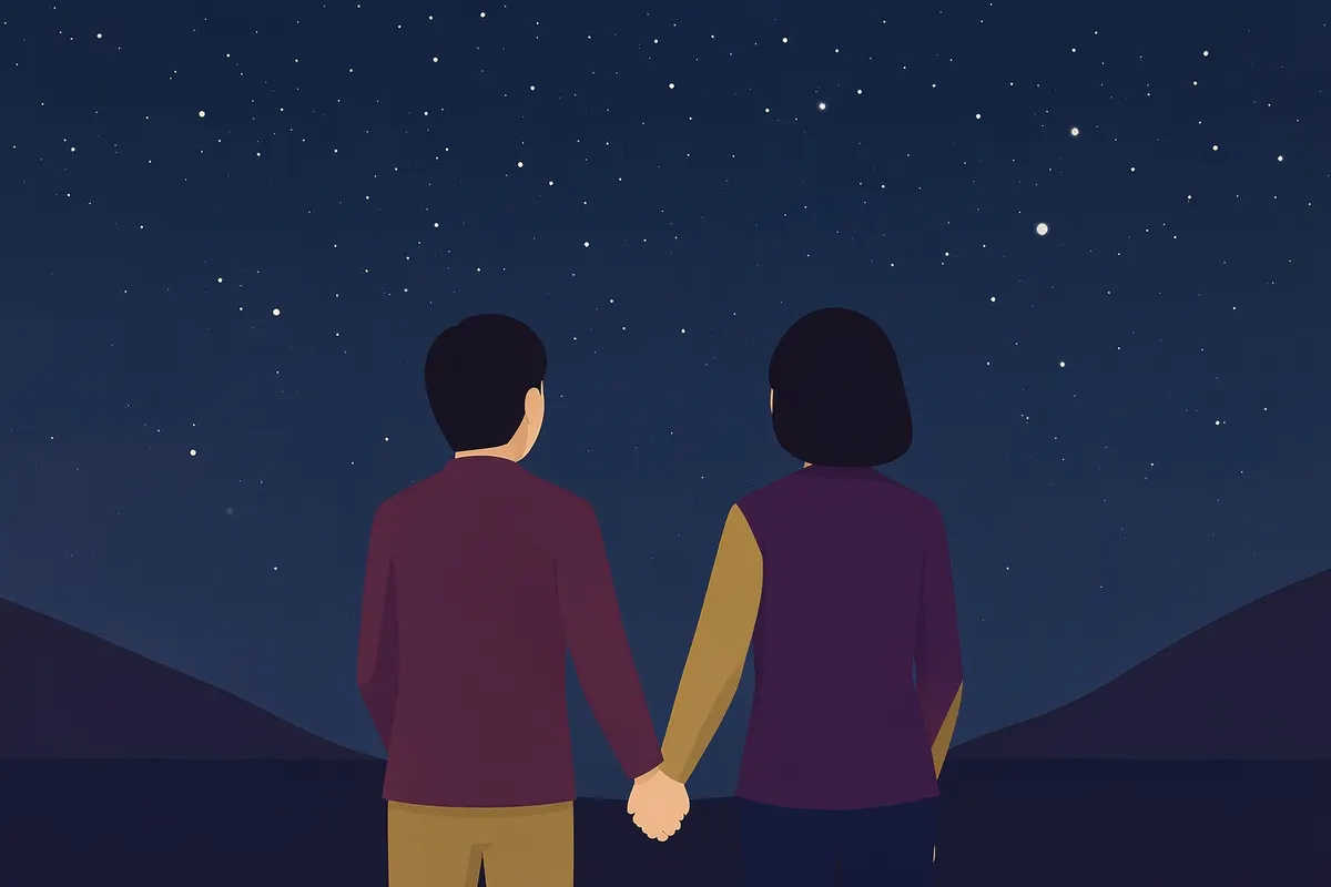 Casal de mãos dadas sob um céu estrelado