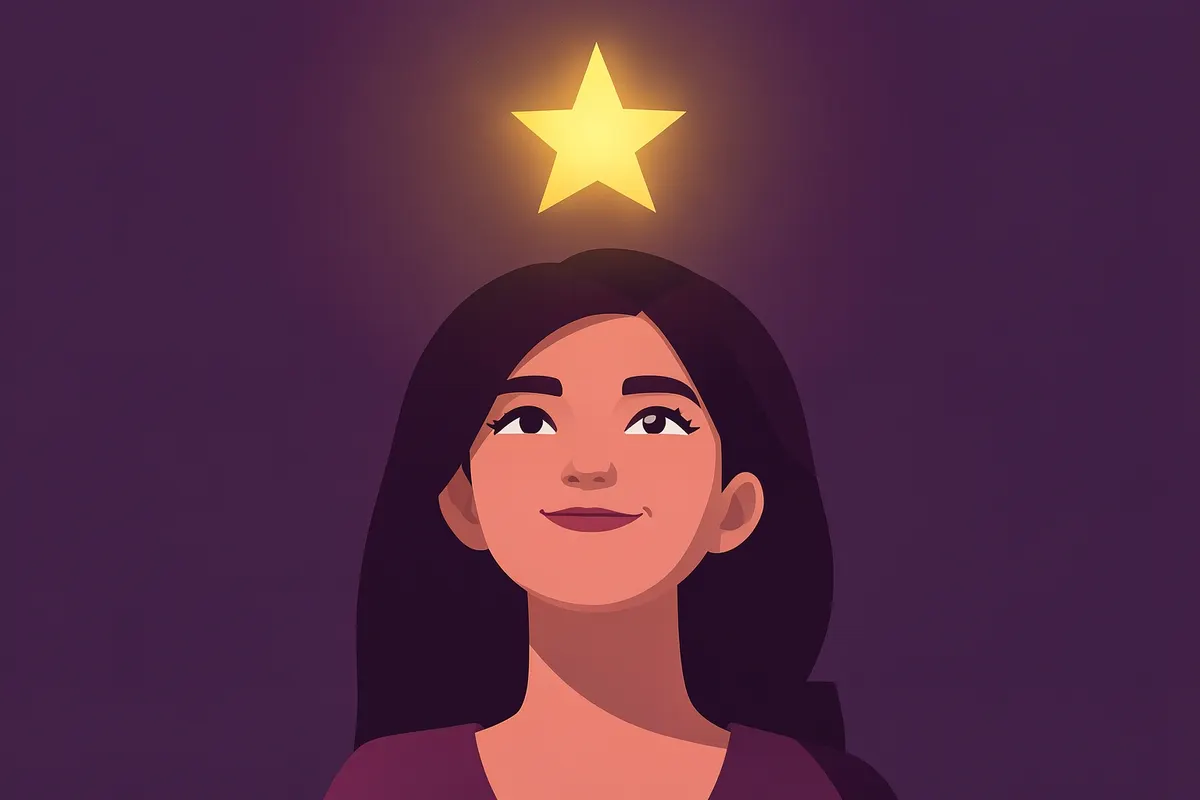 Mulher sorrindo com uma estrela brilhante acima da cabeça