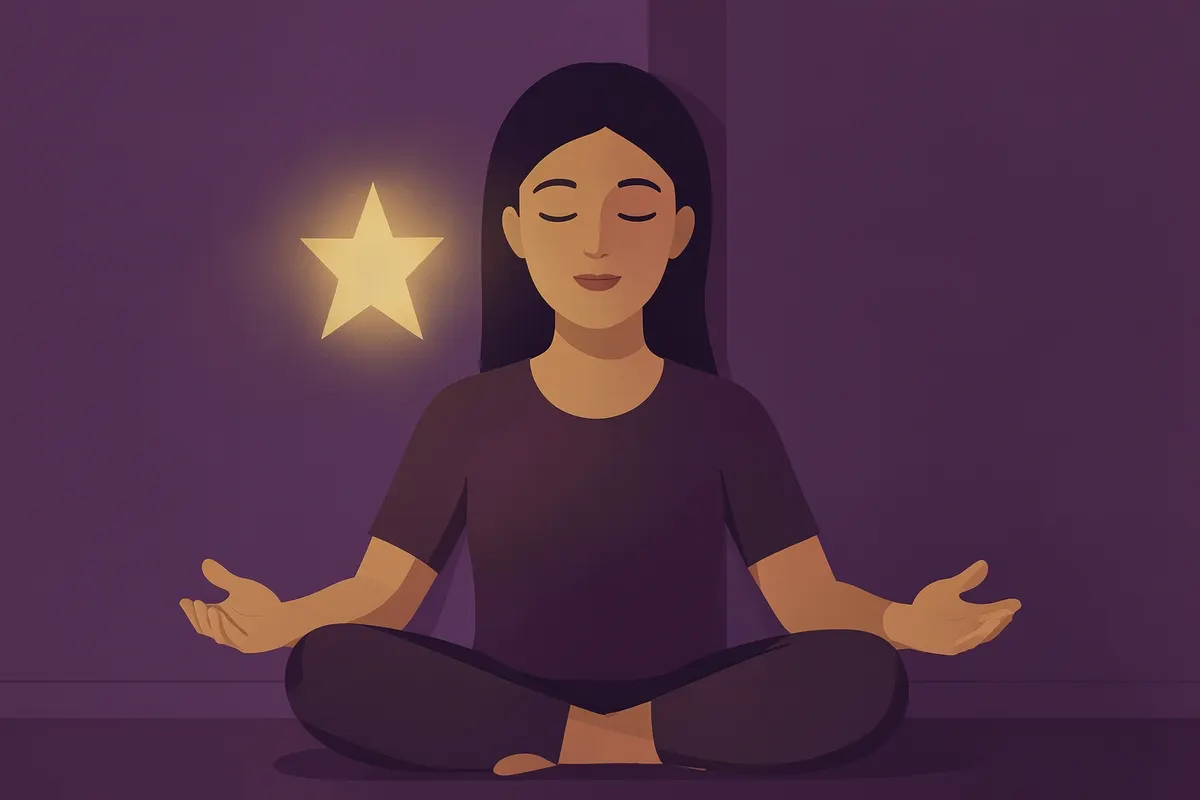 Pessoa meditando com uma estrela brilhante flutuando à sua frente