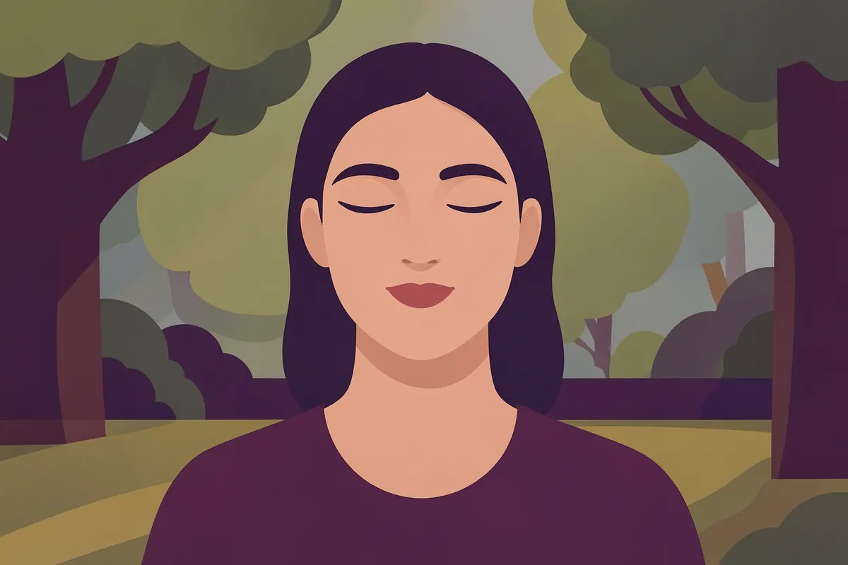 Pessoa sentada em posição de lótus com os olhos fechados, em meio a um jardim sereno