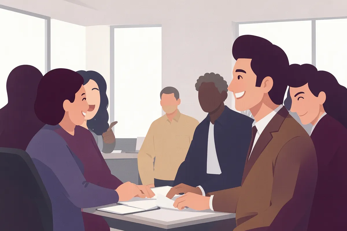 Pessoa sorrindo e interagindo positivamente com outras pessoas em um ambiente de trabalho colaborativo