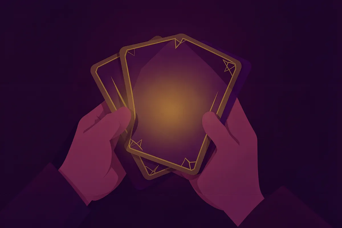 Mãos segurando um baralho de tarot com cartas místicas e brilhantes