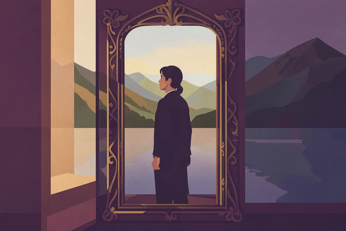 Pessoa olhando para um espelho que reflete uma paisagem serena