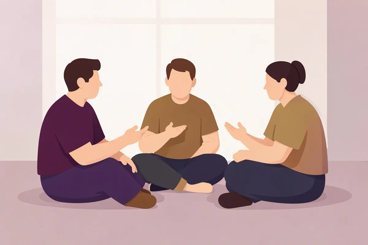 Três pessoas sentadas em círculo, conversando e gesticulando
