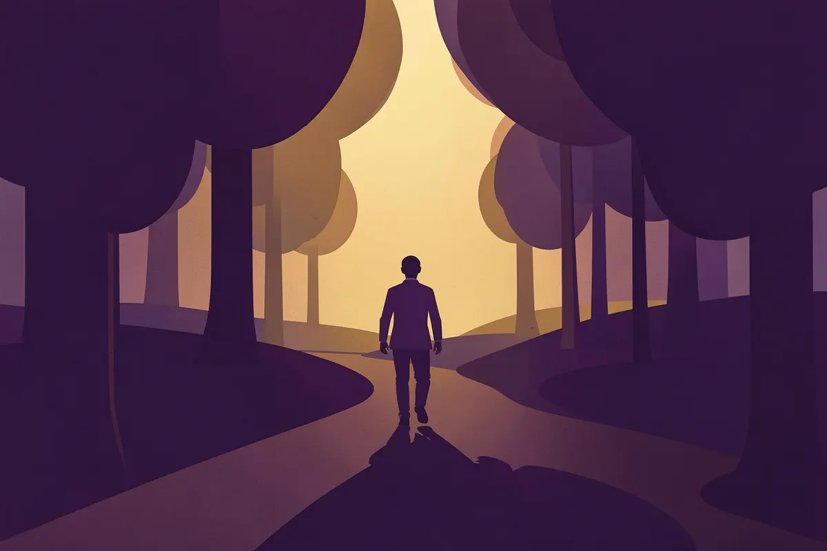 Pessoa caminhando em uma trilha na floresta ao nascer do sol