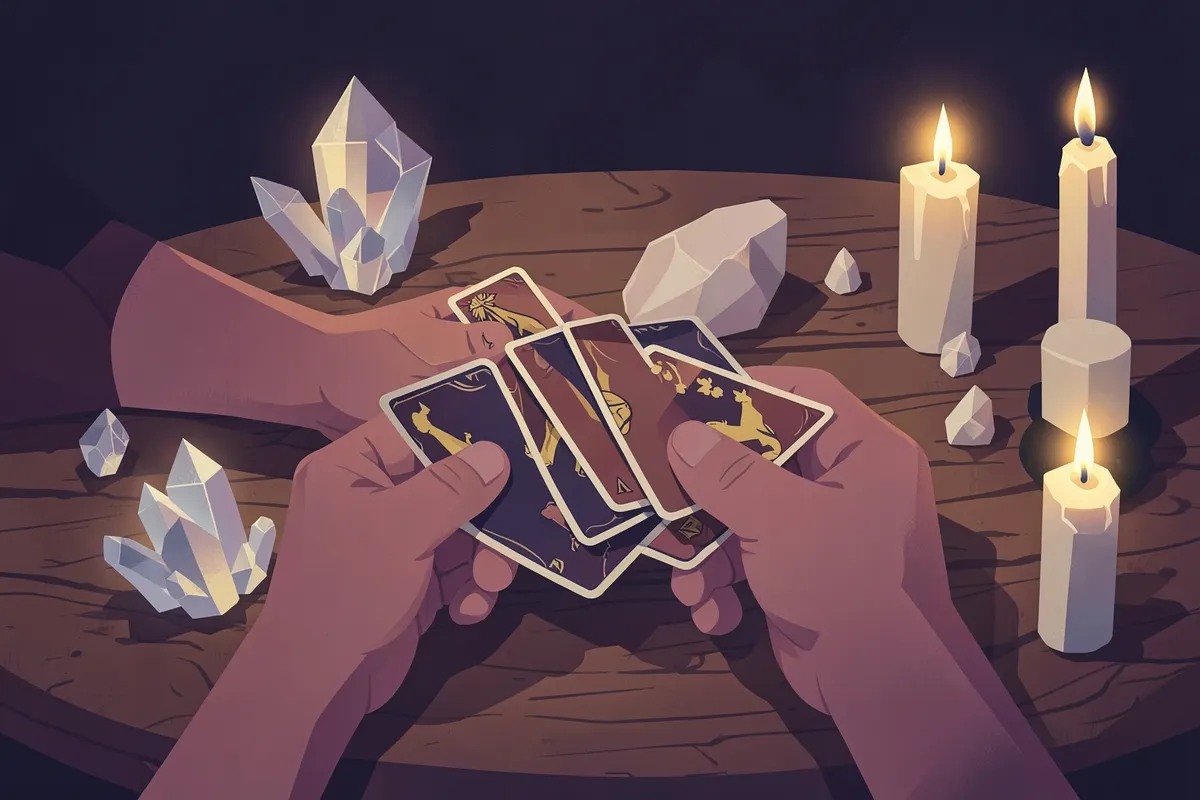 Mãos segurando cartas de Tarot sobre uma mesa de madeira com cristais e velas
