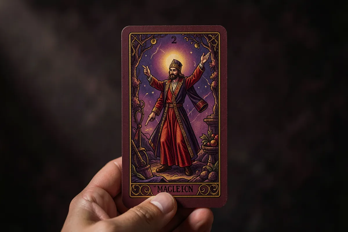 Uma mão segurando uma carta de tarot com a imagem do Mago, focando nos detalhes do desenho.