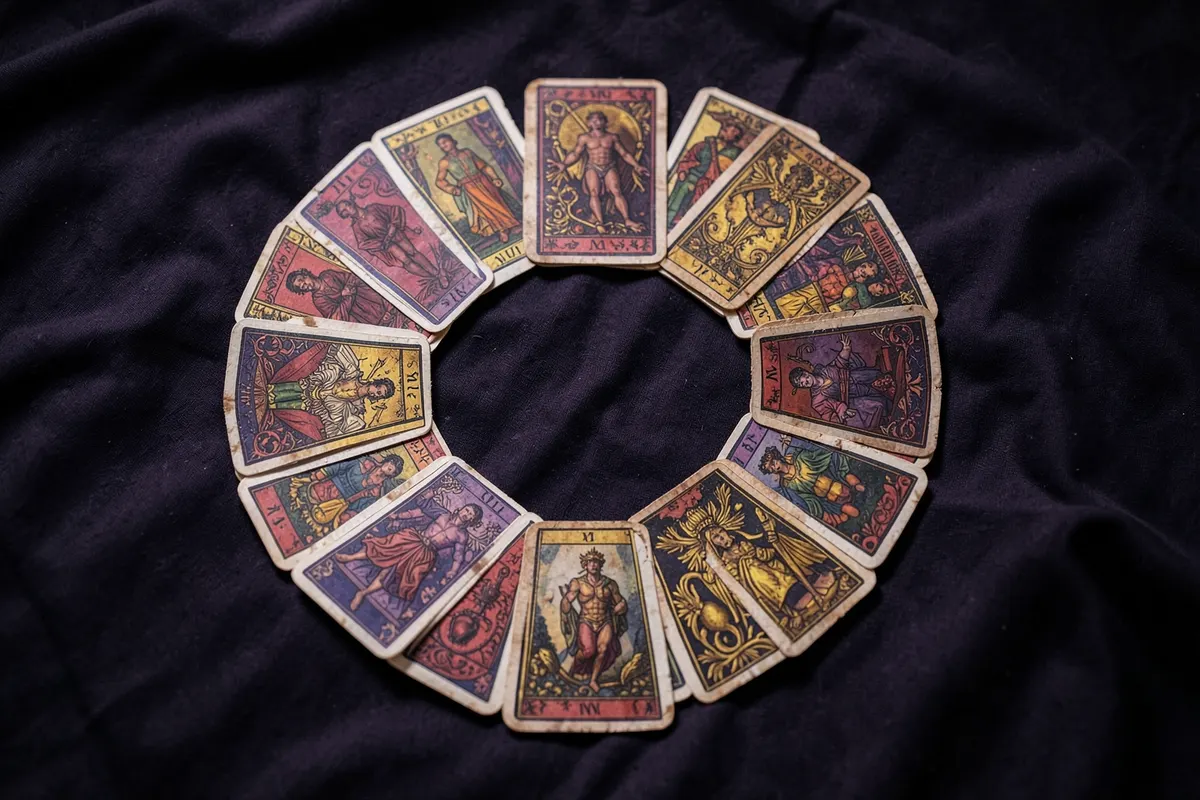 Um conjunto de cartas de tarot dispostas em um círculo sobre um pano escuro, simbolizando um jogo ou leitura.