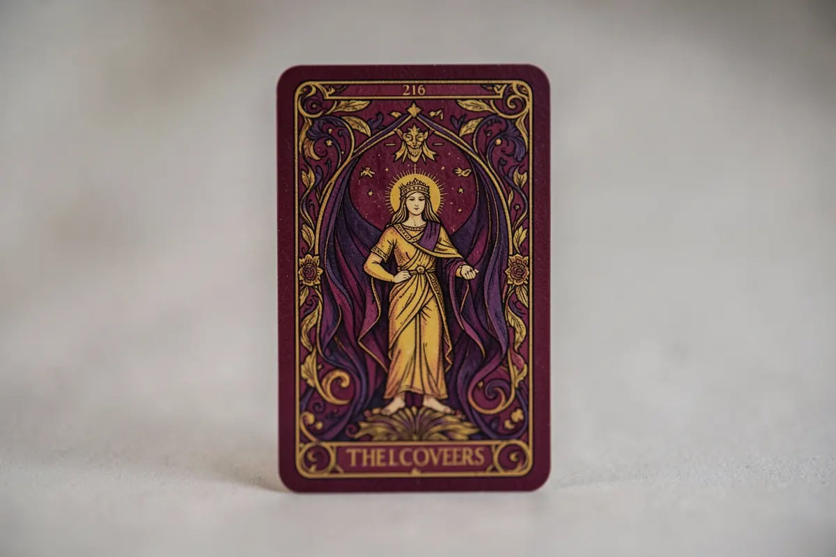 A carta 'Os Amantes' do tarot, com foco na representação do casal e do anjo.