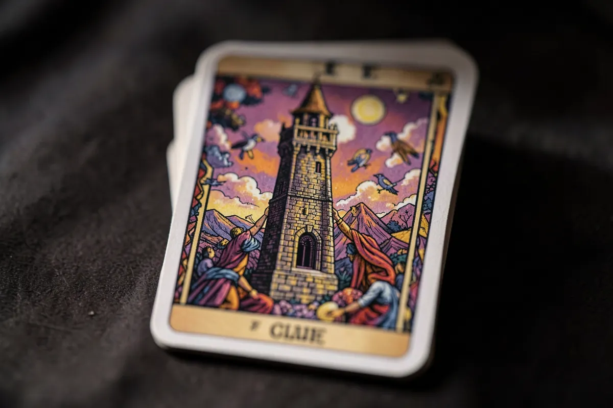 Uma única carta de tarot, 'A Torre', com a imagem da torre em chamas e pessoas caindo.