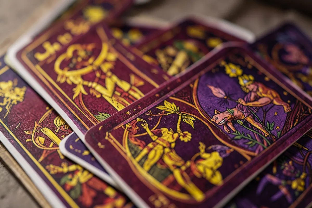 Um close-up de várias cartas de tarot sobrepostas, com ênfase nas ilustrações e cores.