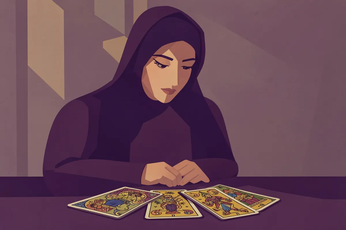 Mulher com lenço na cabeça olhando para cartas de tarot com desenhos ciganos.