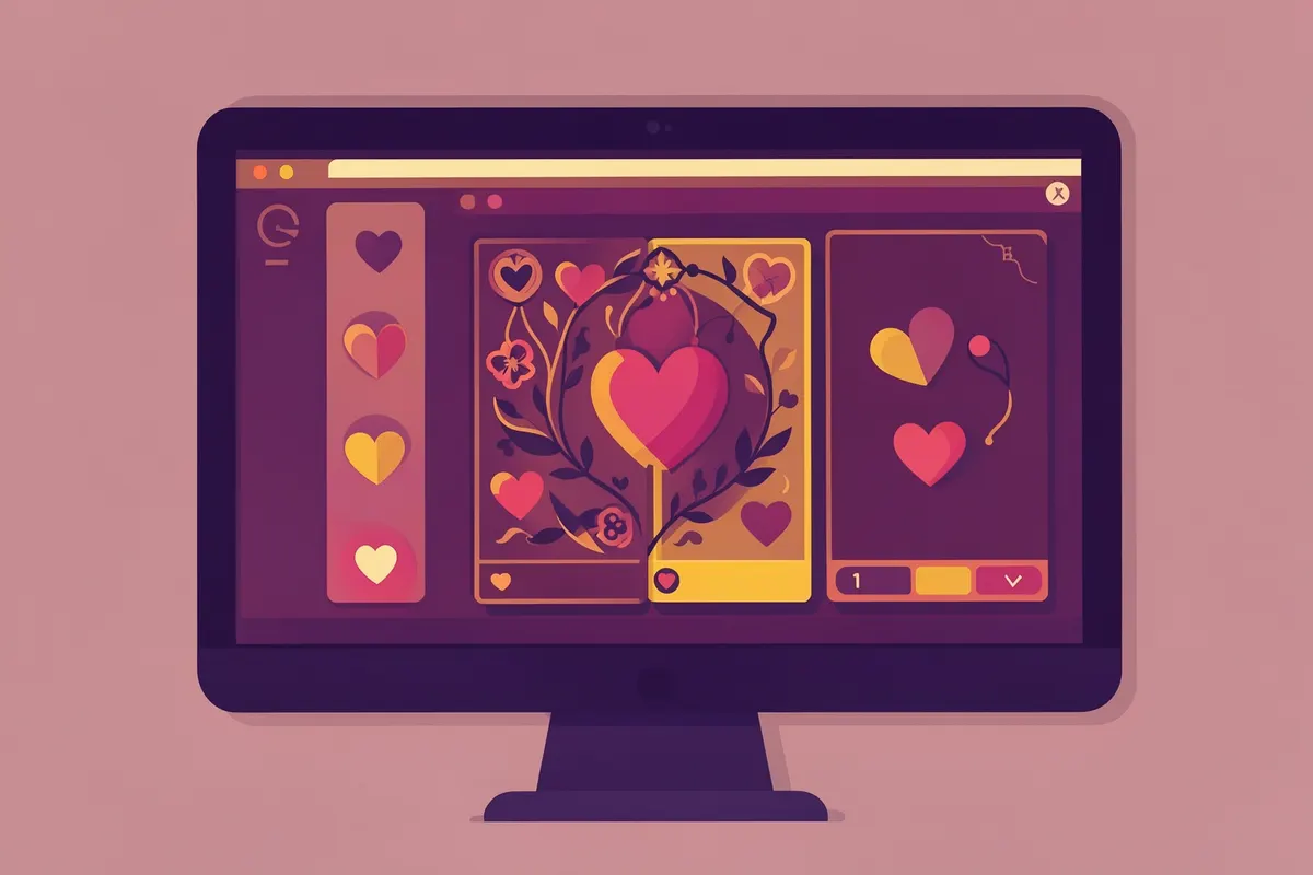 Tela de computador exibindo um jogo de cartas de tarot online com temática cigana e corações.