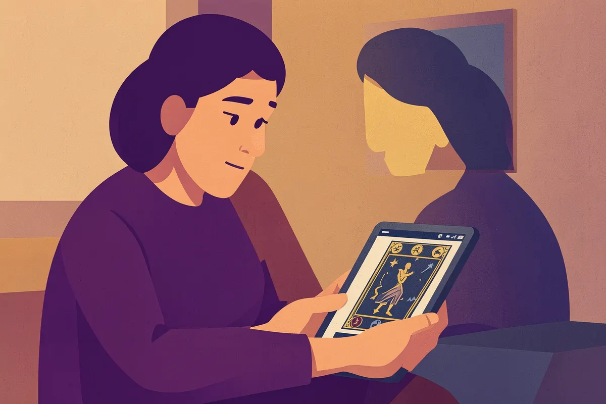 Pessoa recebendo uma leitura de tarot online em um tablet, com expressão de esperança.