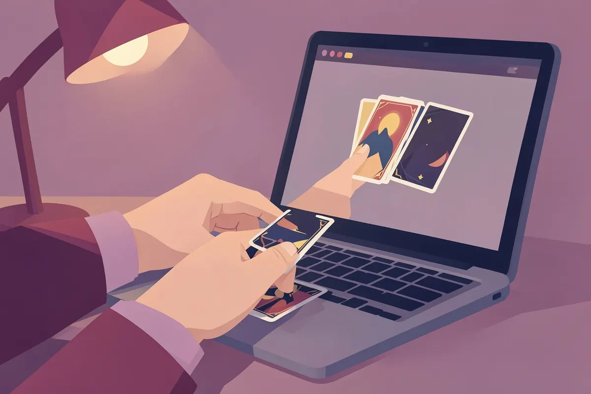 Close-up de mãos realizando uma consulta de tarot online em um notebook.