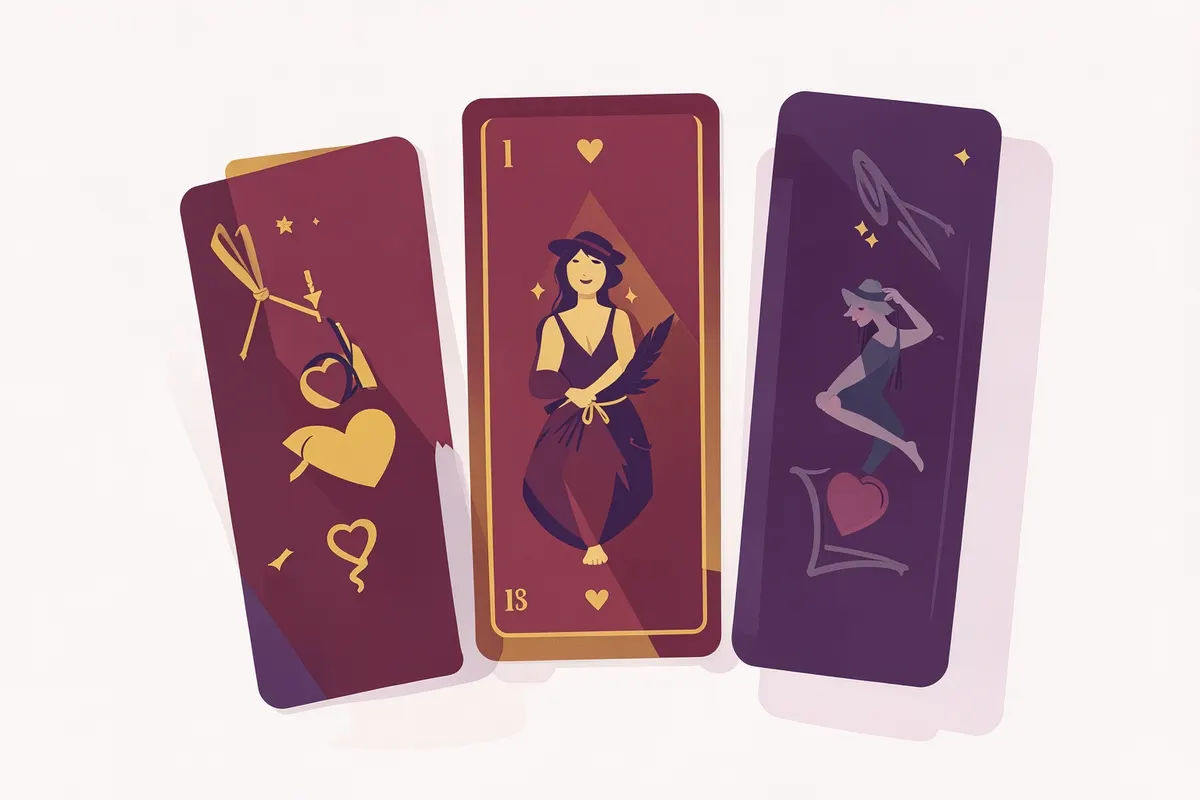 Conjunto de cartas de tarot com ilustrações ciganas e símbolos de amor.