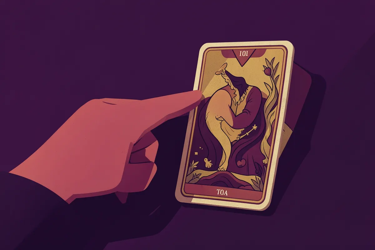Mão apontando para uma carta de tarot cigano com interpretação de amor.