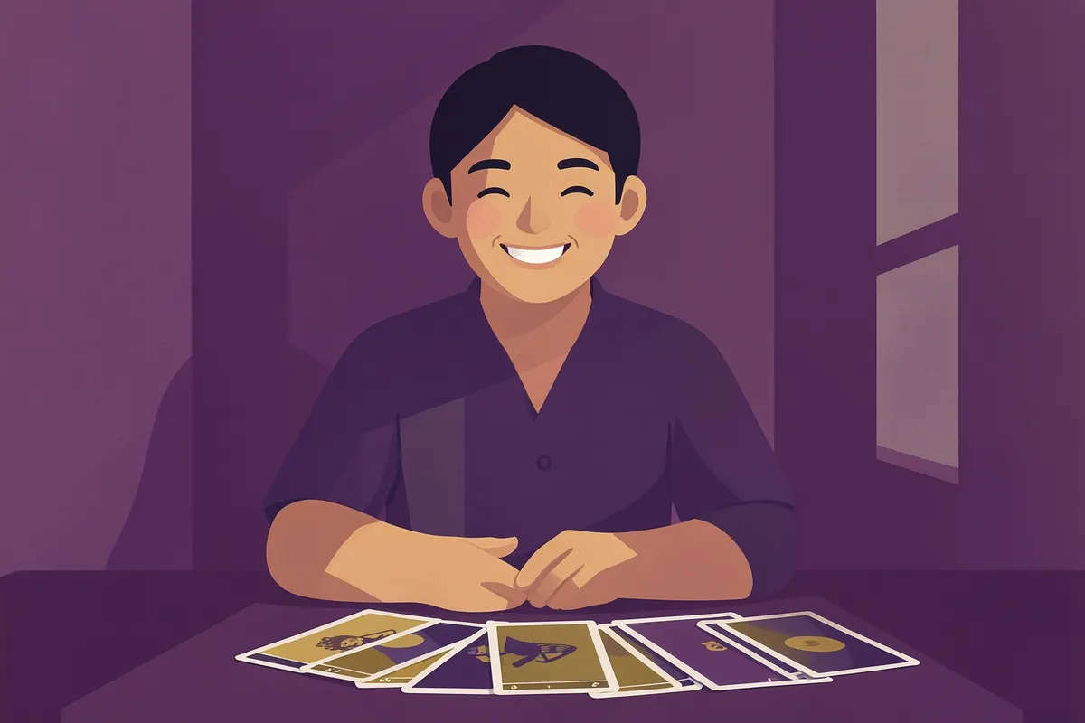 Pessoa sorrindo após uma consulta de tarot online, com cartas espalhadas.