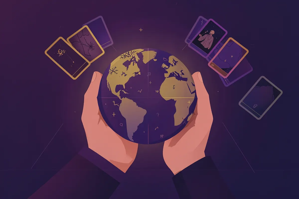 Mãos segurando um globo terrestre com símbolos místicos e cartas de tarot.
