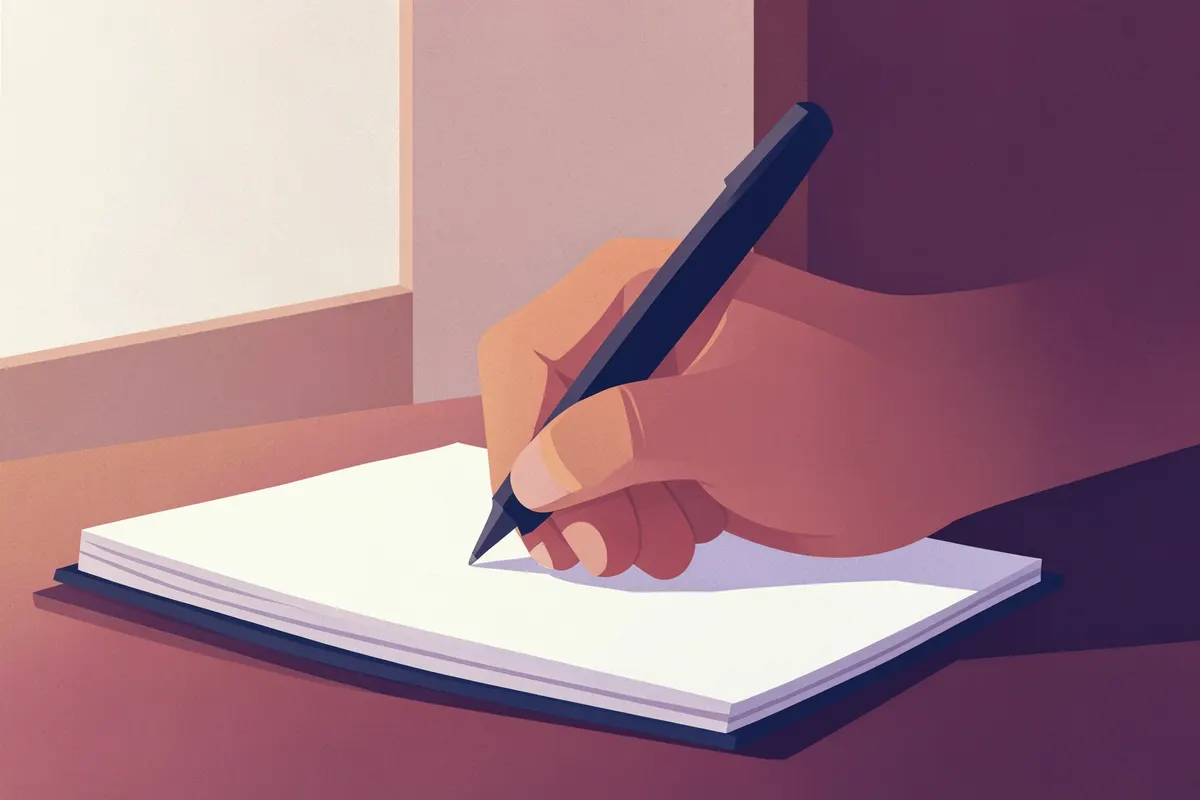 Mão escrevendo em um caderno com uma caneta.