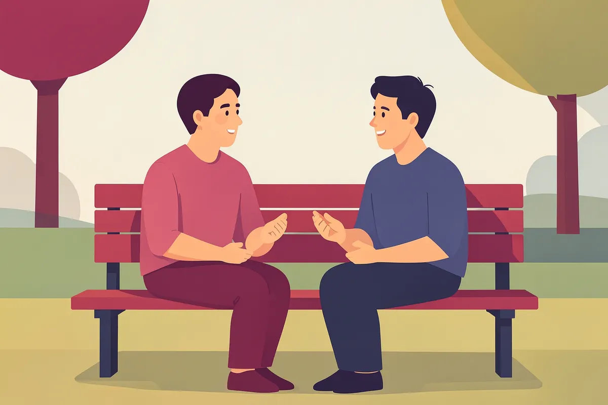 Duas pessoas conversando em um banco de parque.