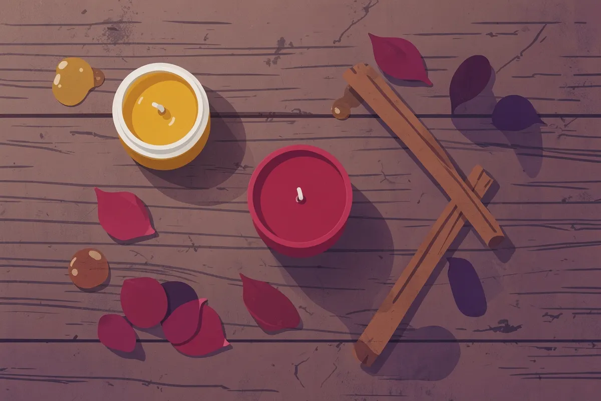 Vários ingredientes para um ritual dispostos em uma mesa de madeira: pétalas de rosa, mel, canela em pau e uma vela vermelha