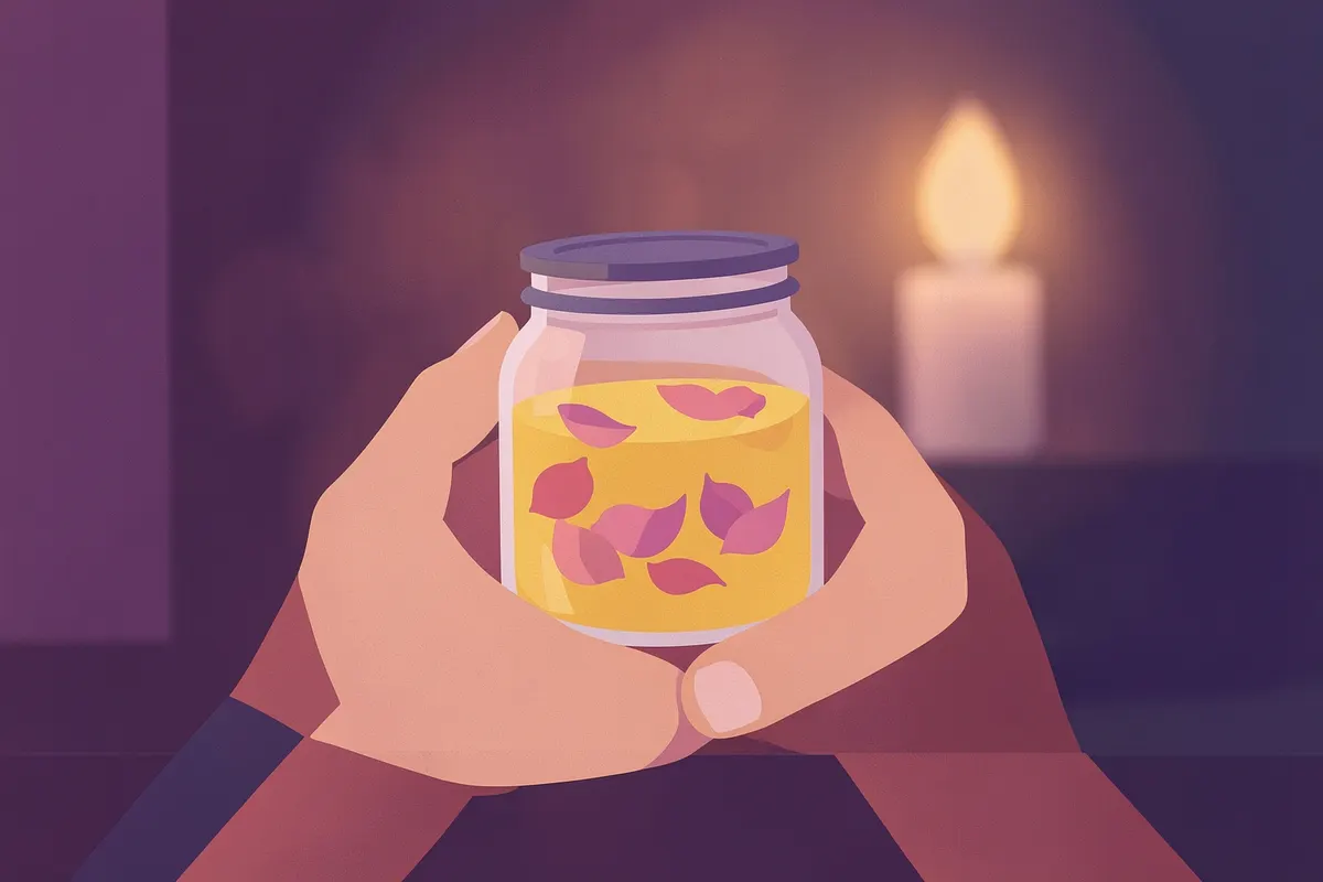 Mãos segurando um pequeno pote de vidro com um líquido dourado e pétalas de rosa dentro, com uma vela acesa ao fundo