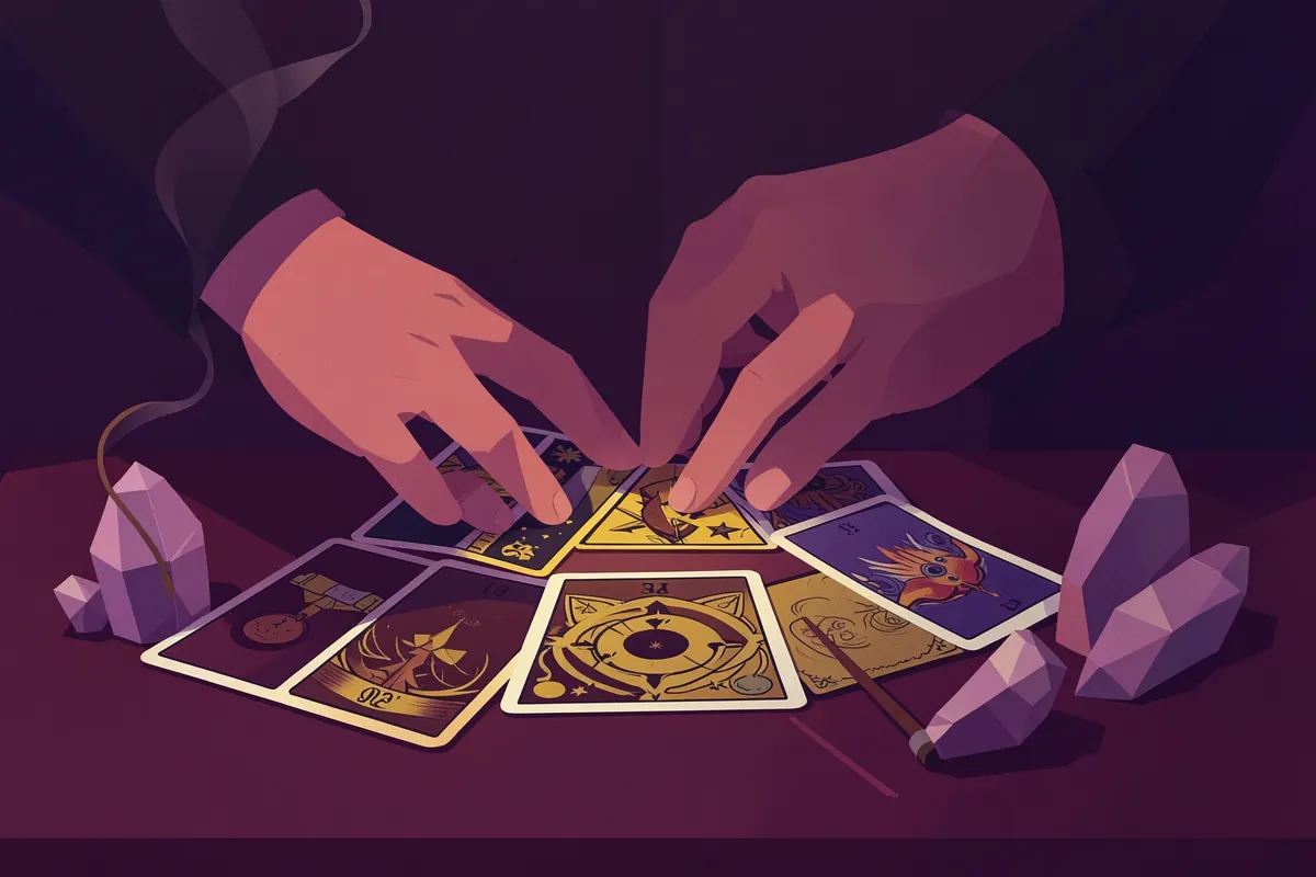 Mãos de um vidente segurando cartas de Tarot sobre uma mesa com cristais e incenso