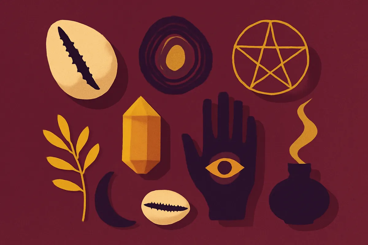 Representação de serviços espirituais com símbolos místicos e búzios.