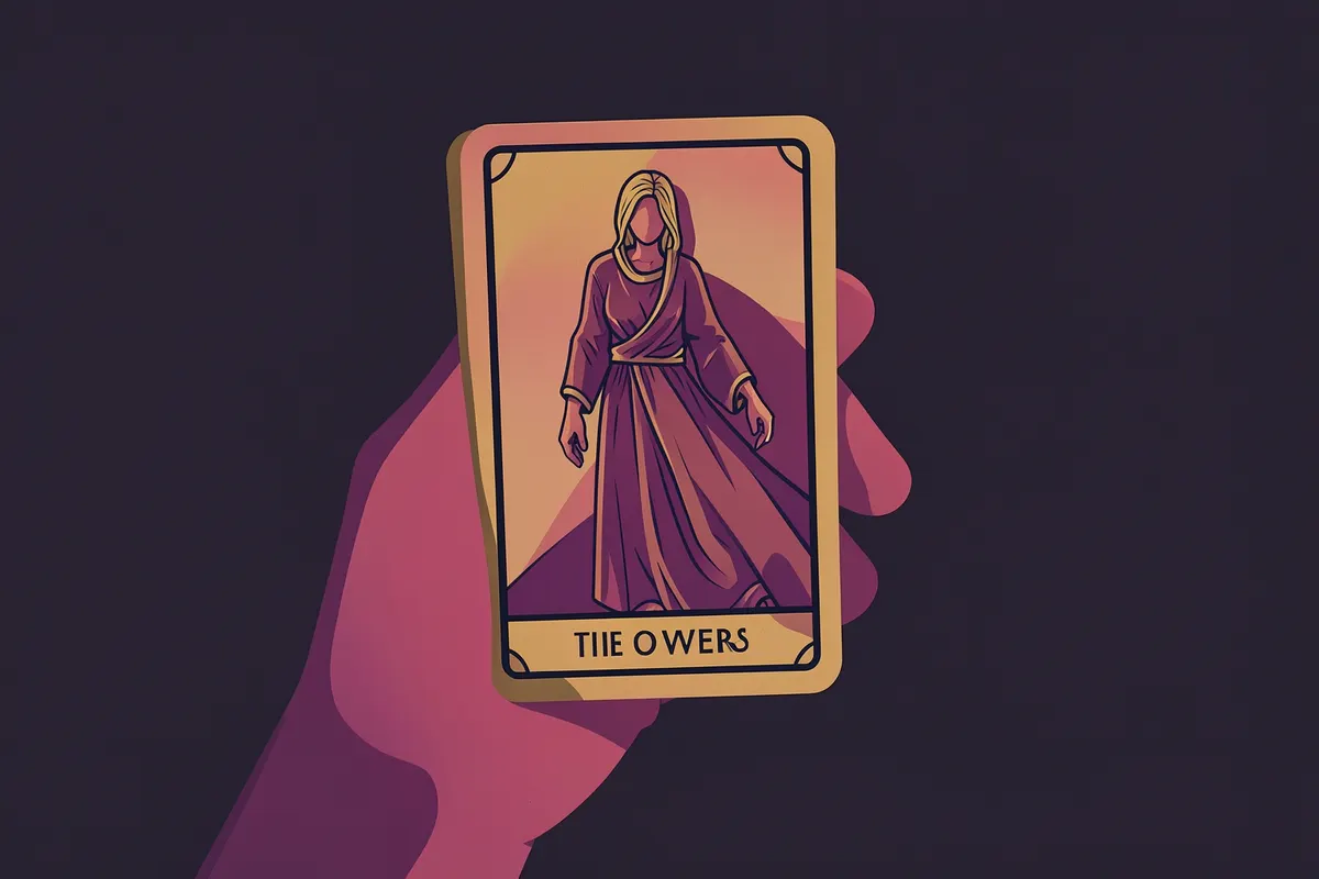 Mão segurando uma carta de tarot com a imagem de 'Os Amantes'.