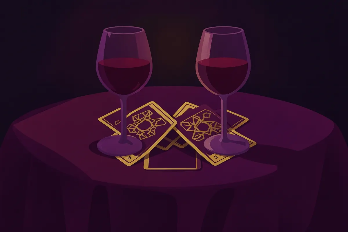 Duas taças de vinho e cartas de tarot sobre uma toalha de mesa elegante.