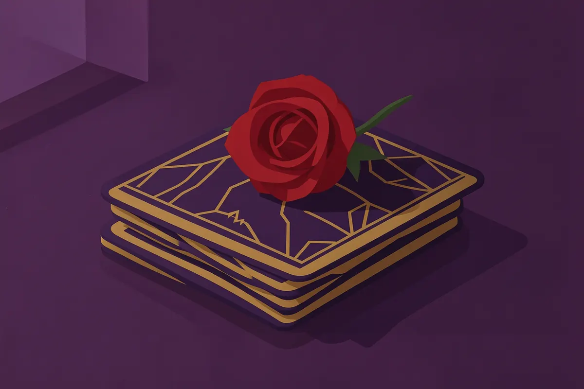 Pilha de cartas de tarot com uma rosa vermelha em cima.