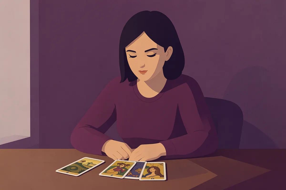 Mulher pensativa olhando para cartas de tarot em uma mesa.