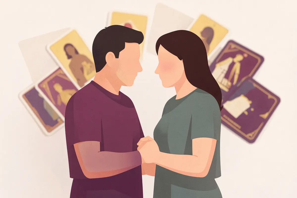 Casal de mãos dadas com cartas de tarot ao fundo.