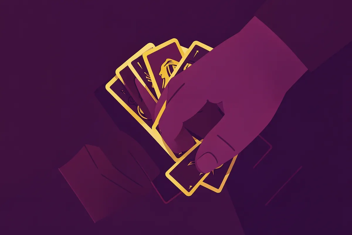 Mão de cartomante embaralhando cartas de tarot.