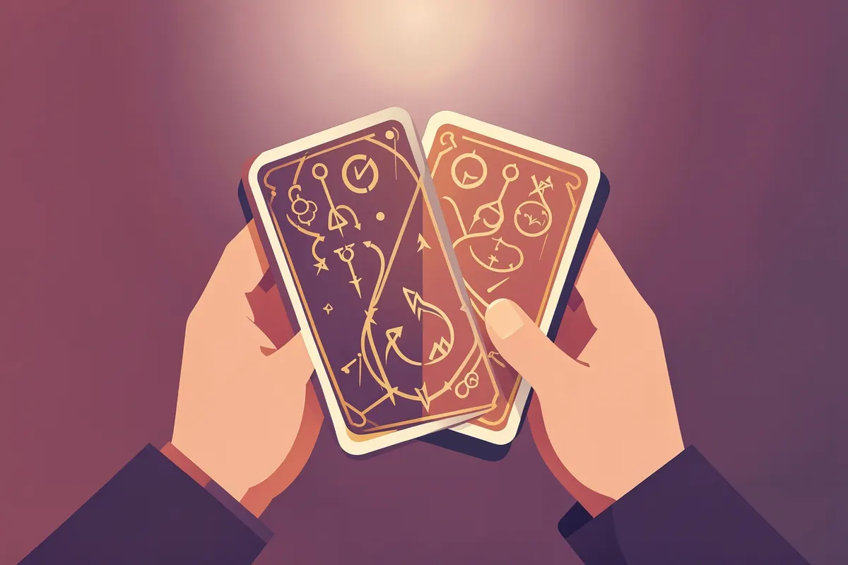 Mãos segurando um oráculo de cartas com símbolos místicos