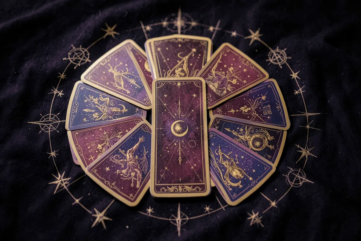 Um conjunto de cartas de tarot dispostas em um círculo sobre um pano escuro, com símbolos místicos ao redor.
