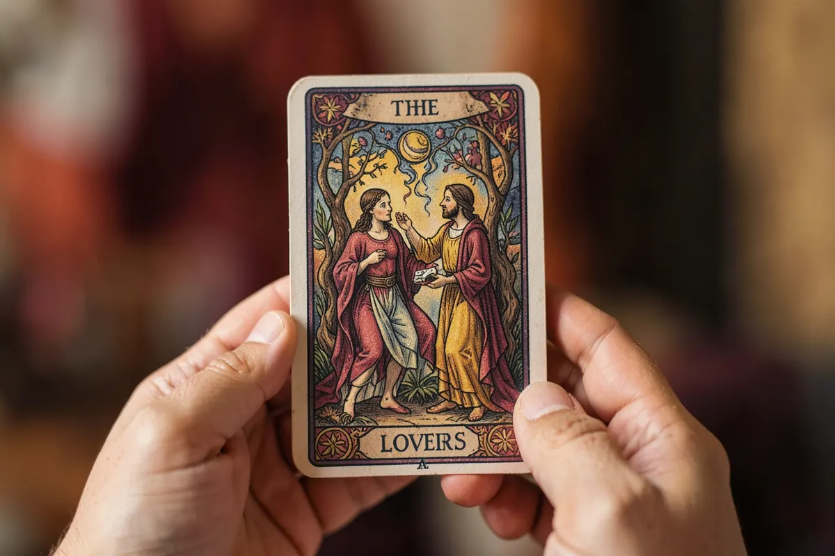 Uma mão segurando uma carta de tarot com a imagem de "Os Amantes", simbolizando escolhas em relacionamentos.