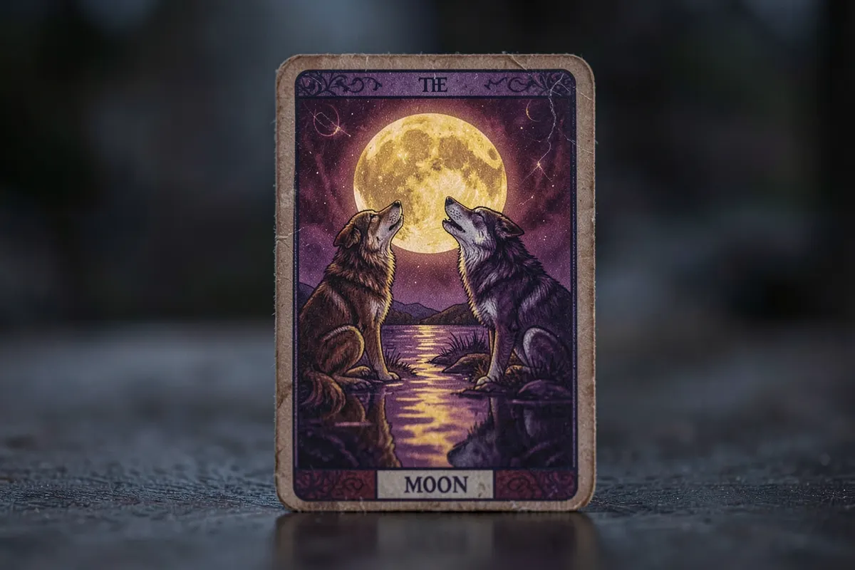 Uma carta de tarot com a imagem de "A Lua", representando intuição e o subconsciente, em um ambiente tranquilo.