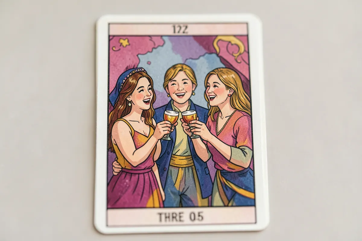 Um close-up da carta "Três de Copas" do tarot, mostrando três taças brindando, associada a celebrações e amizades.