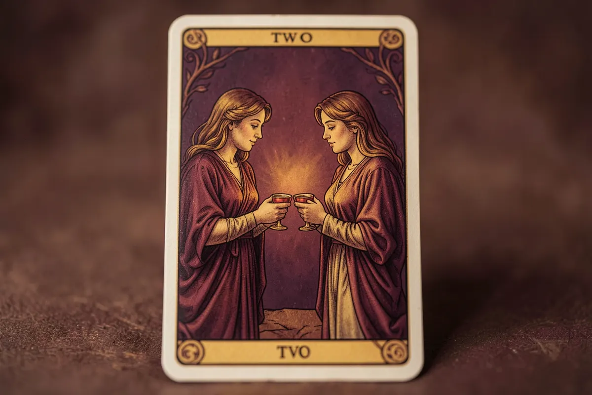 Uma carta de tarot com a imagem de "Dois de Copas", simbolizando união e parceria em relacionamentos.